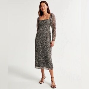 Abercrombie & Fitch Emerson Chiffon Black White Floral Long Sleeve Midi Dress